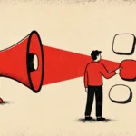 Ilustración editorial de una redactora eligiendo palabras para facilitar una decisión, en rojo, negro y crema.