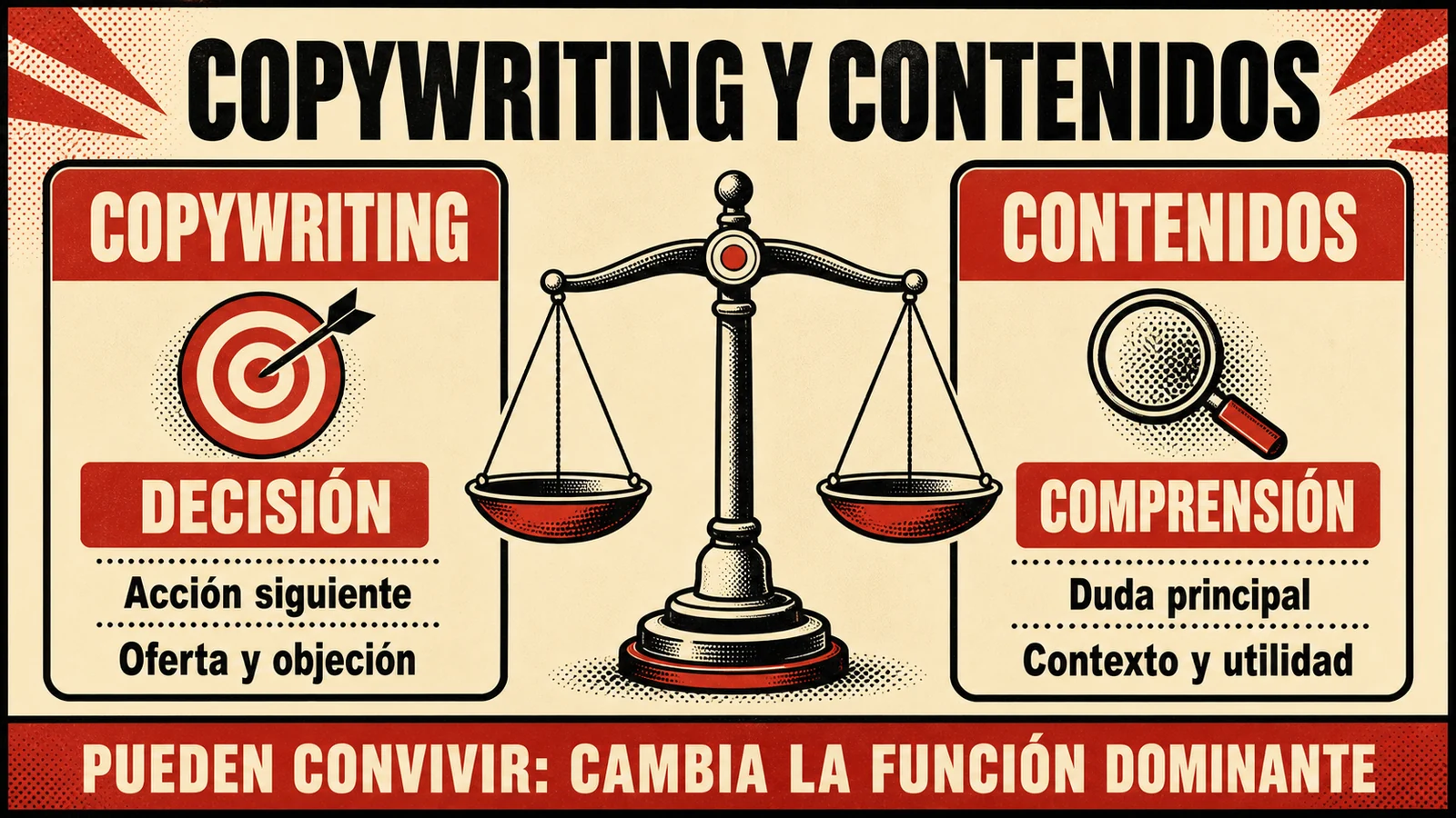 Infografía editorial que diferencia la función del copywriting y la redacción de contenidos.