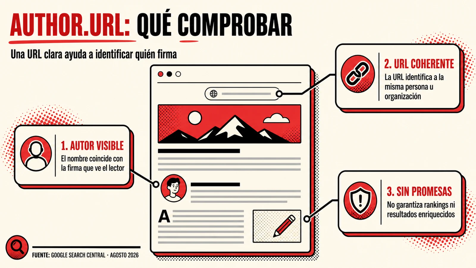 Infografía sobre autor visible, URL coherente y límites de author.url en Article