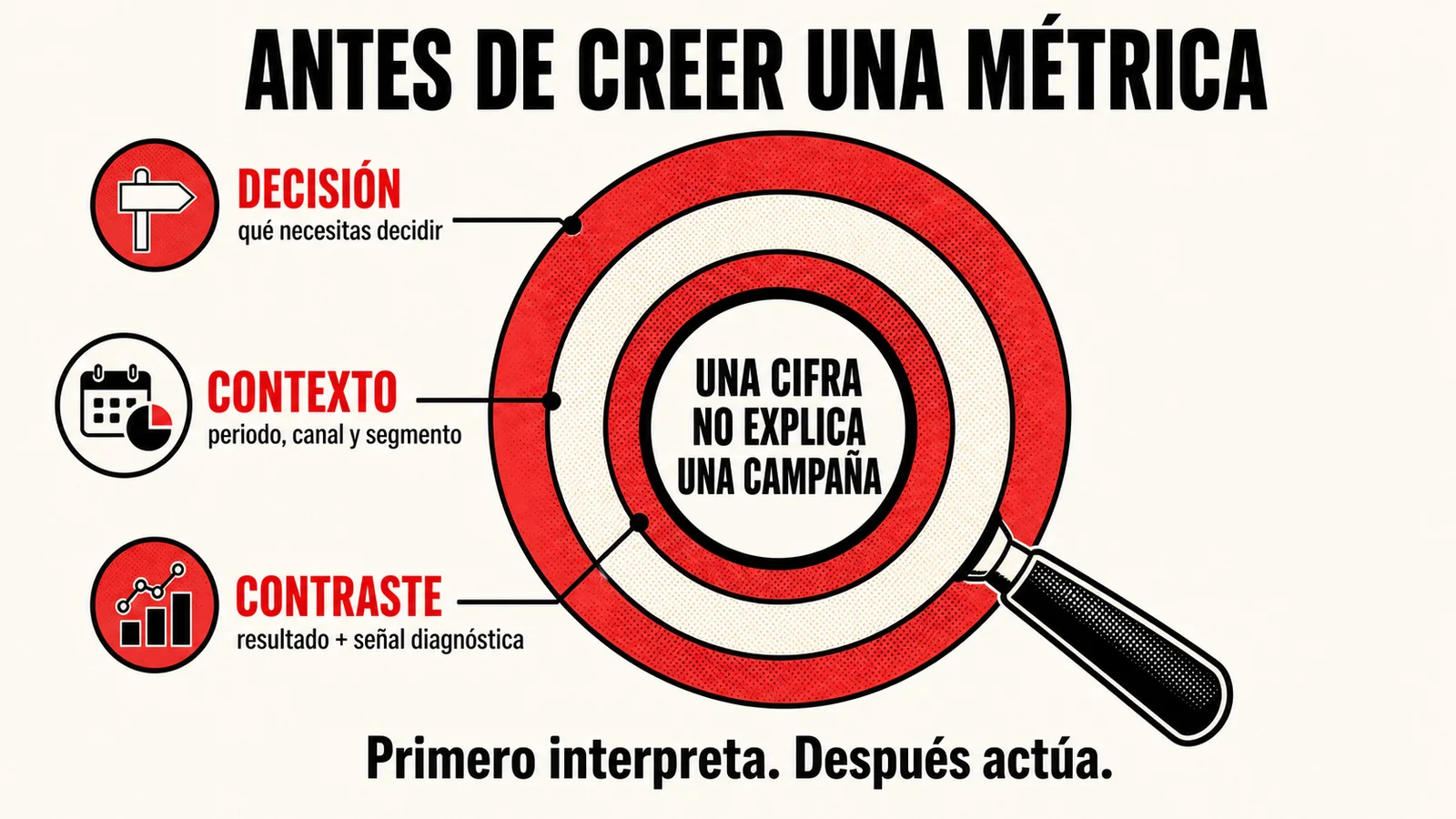Infografía que explica cómo interpretar una métrica según decisión, contexto y contraste.