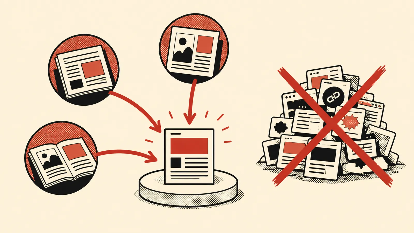 Referencias editoriales relevantes conectadas a una página útil mientras se descartan enlaces sin contexto.