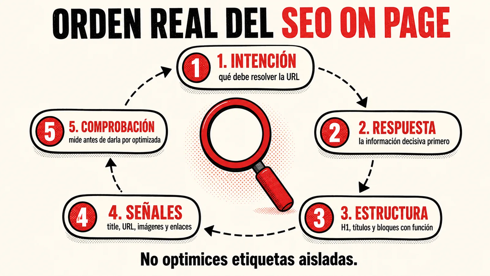 Infografía con el orden para revisar intención, respuesta, estructura, señales y comprobación en SEO on page.