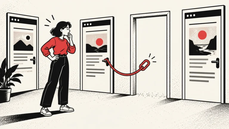 Ilustración de varias páginas intactas y un enlace rojo desde una página activa hacia una puerta vacía
