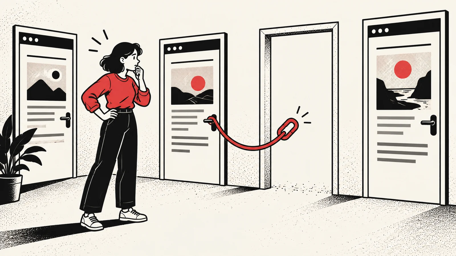 Ilustración de varias páginas intactas y un enlace rojo desde una página activa hacia una puerta vacía