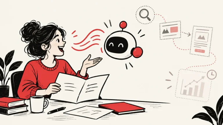 Ilustración conceptual de una profesional que explica su campaña a un asistente de IA; al fondo aparece un recorrido de anuncios aún por completar