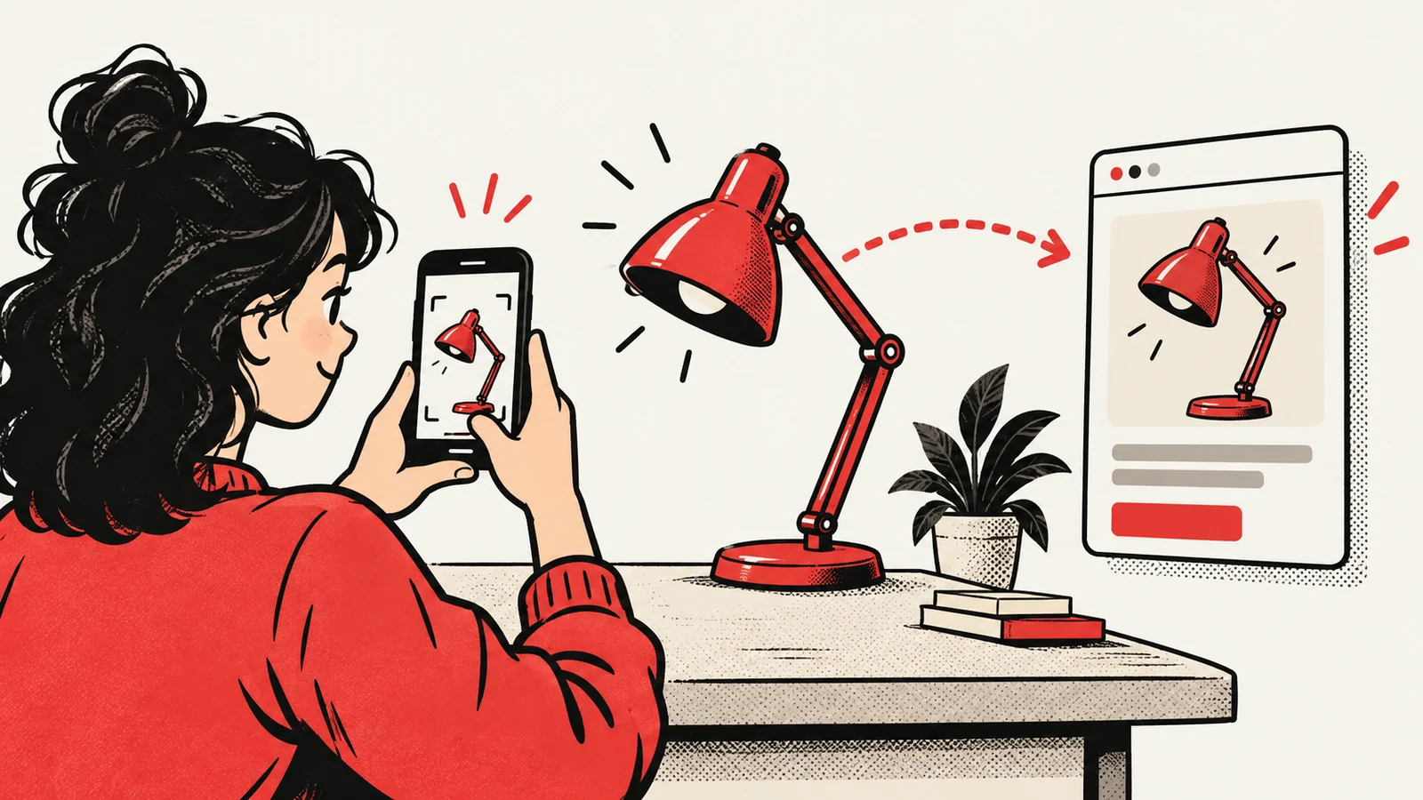 Ilustración de una búsqueda con la foto de una lámpara roja que conduce a un resultado web