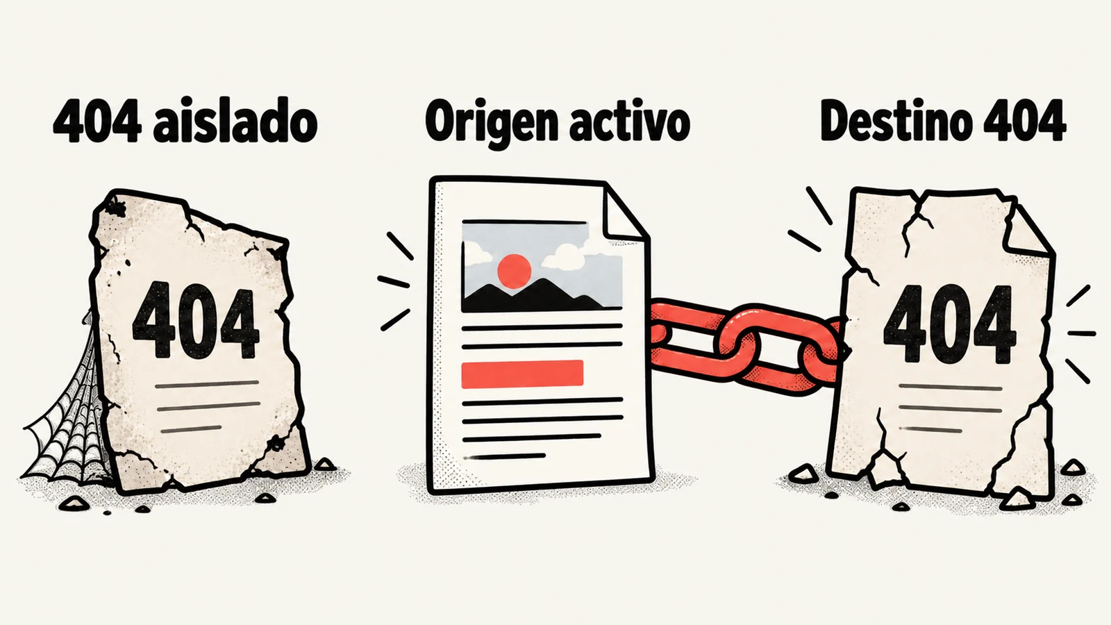 Un 404 aislado frente a una página activa que mantiene un enlace hacia un destino 404