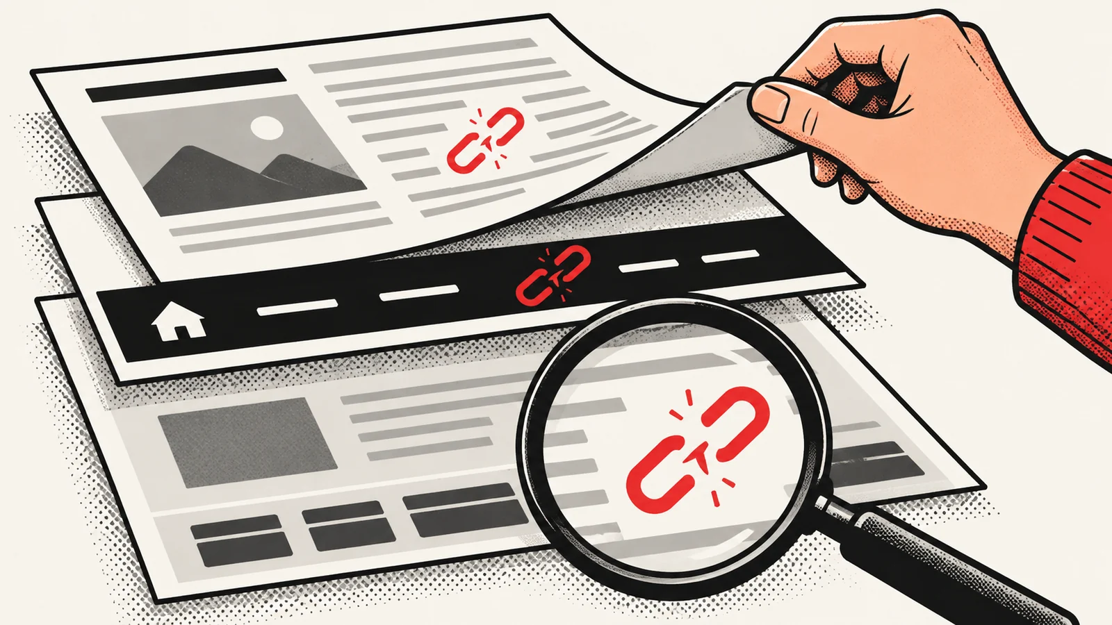 Capas de una página web y de su navegación con enlaces rotos localizados mediante una lupa