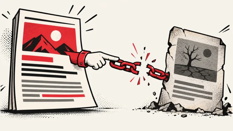 Ilustración de un enlace que se rompe entre una página activa y otra retirada