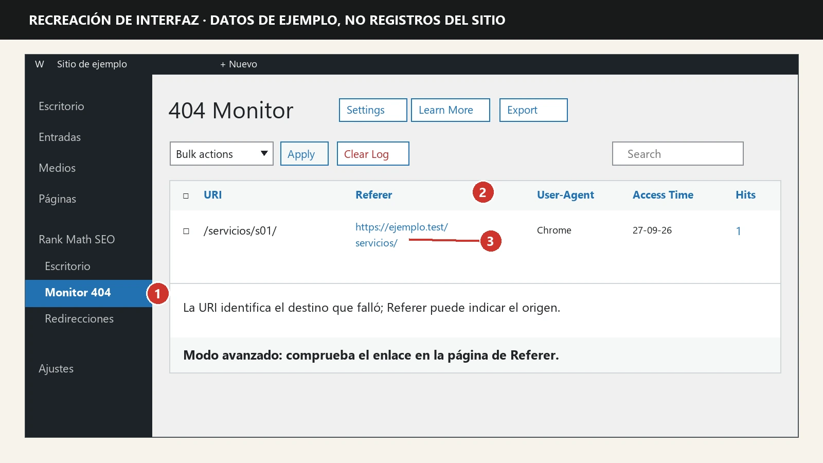 Recreación del panel de WordPress con Rank Math SEO, Monitor 404 en modo avanzado y columnas URI, Referer, User-Agent, Access Time y Hits