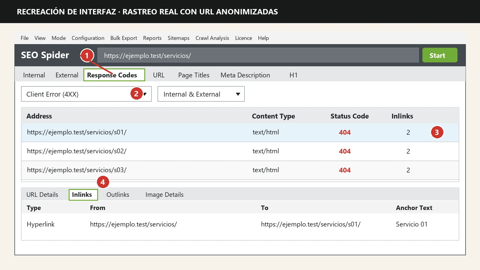Recreación de Screaming Frog SEO Spider: pestaña Response Codes, filtro Client Error 4XX, una fila 404 seleccionada y pestaña Inlinks con las columnas From y To