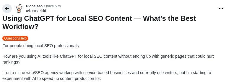 Captura de la pregunta de u/kurosaki4d en r/localseo sobre cómo usar ChatGPT para SEO local sin crear páginas genéricas.