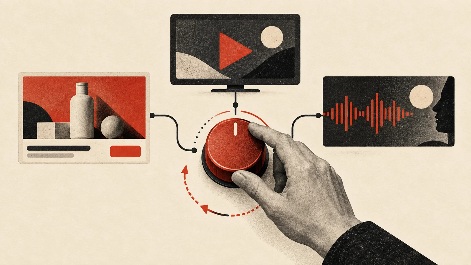 Ilustración de una mano ajustando un mando rojo conectado a formatos de publicidad de imagen, vídeo y audio