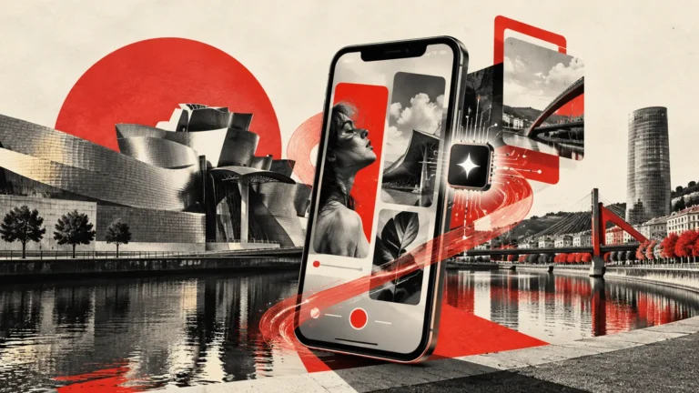 Ilustración conceptual de un móvil con vídeos verticales sobre un paisaje urbano de Bilbao
