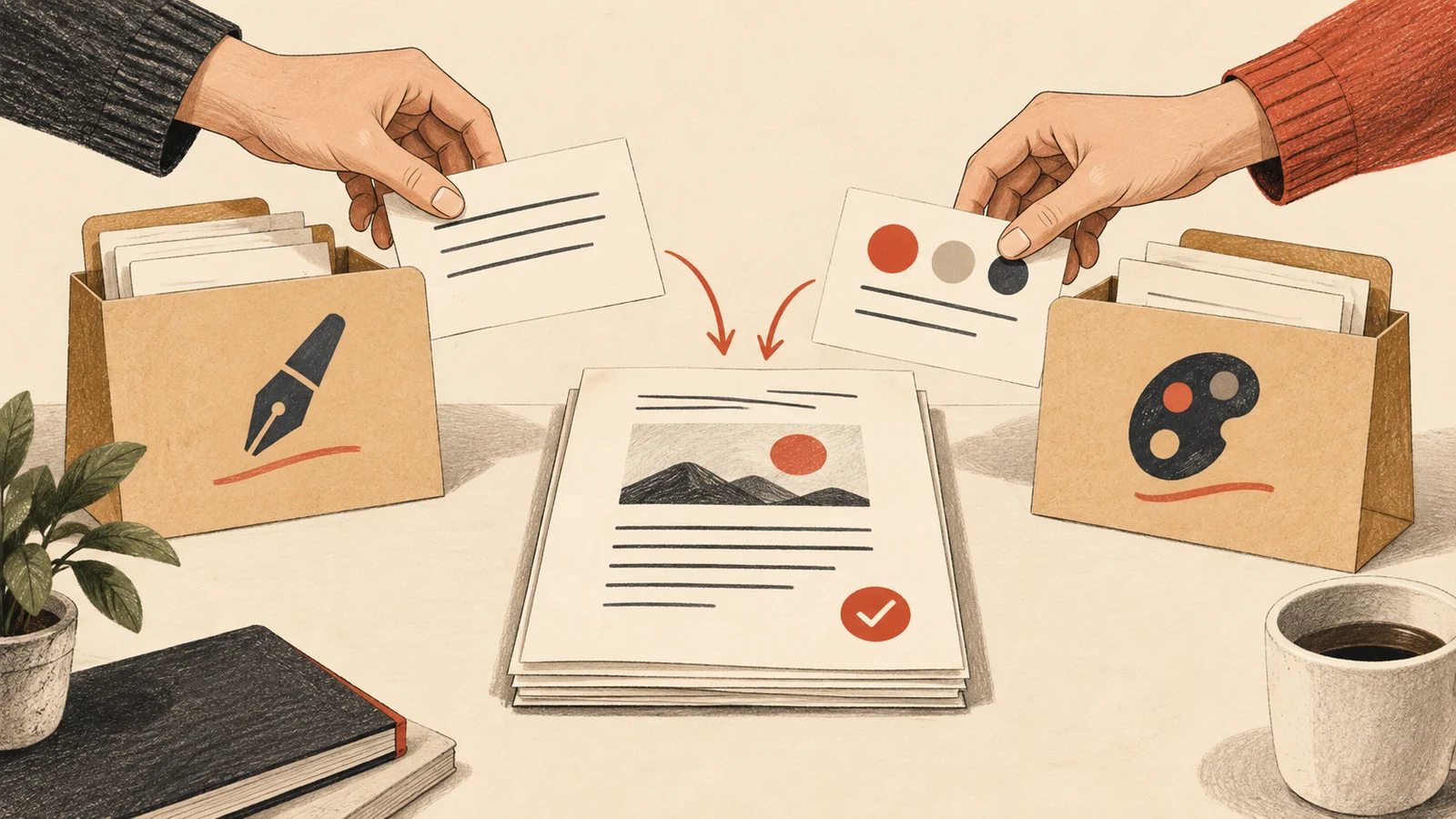 Dos manos combinan tarjetas de estilo de escritura y colores de marca sobre un documento revisado