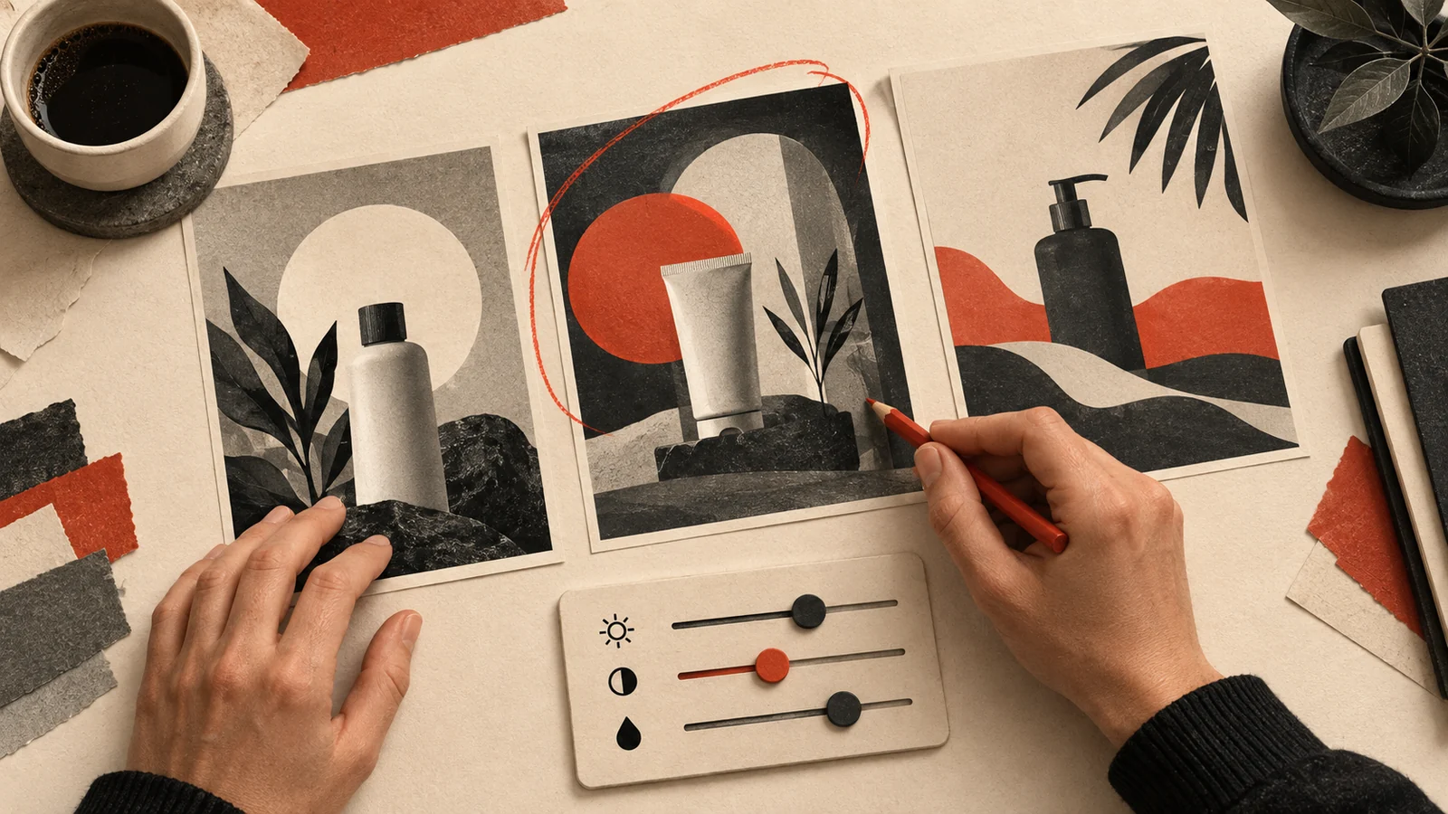 Dos manos revisan tres propuestas creativas de anuncios de producto con un lápiz rojo