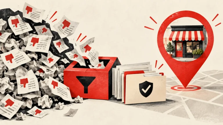 Ilustración editorial de documentos repetidos acumulados junto a expedientes organizados y un marcador de negocio local