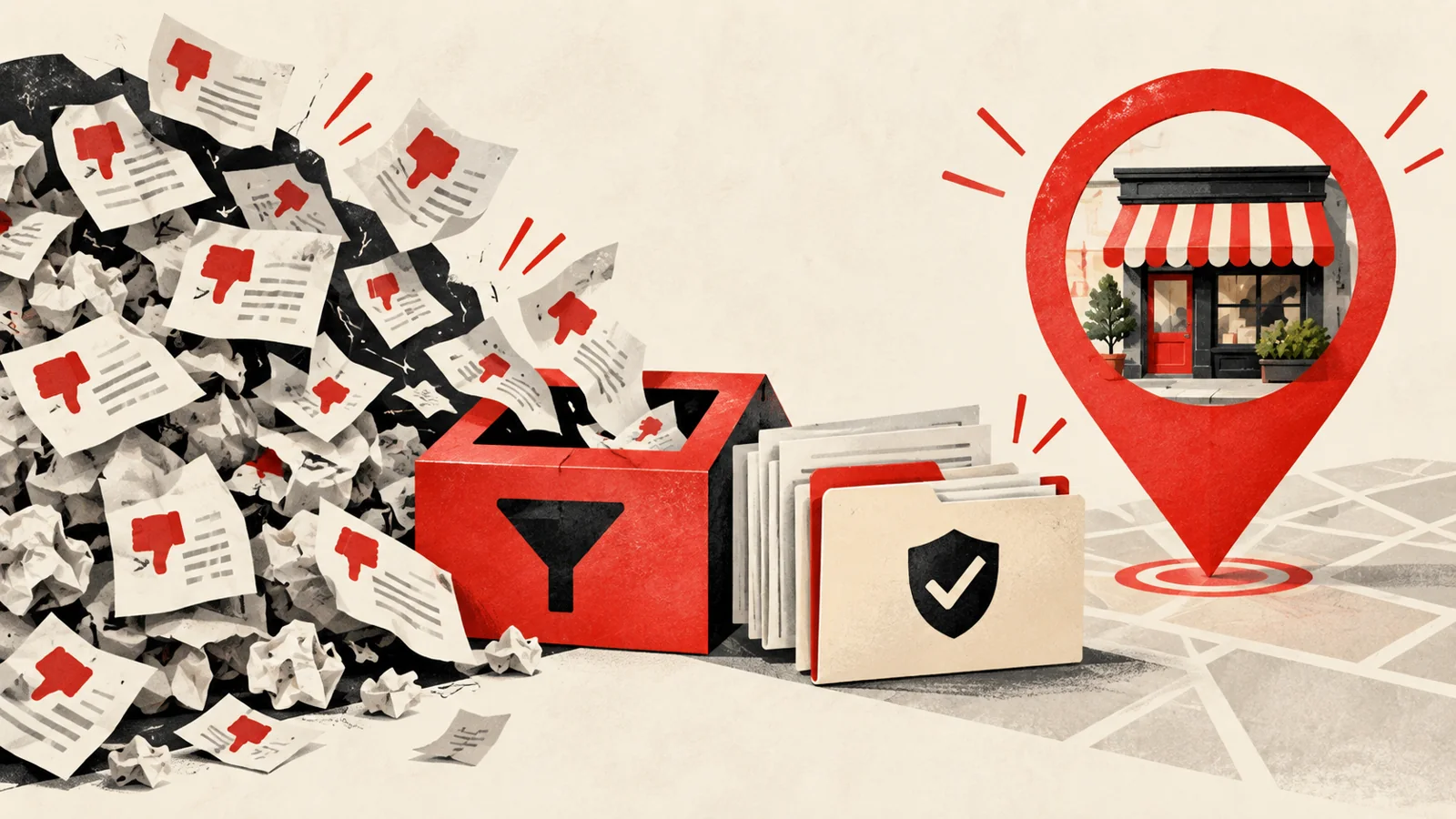 Ilustración editorial de documentos repetidos acumulados junto a expedientes organizados y un marcador de negocio local