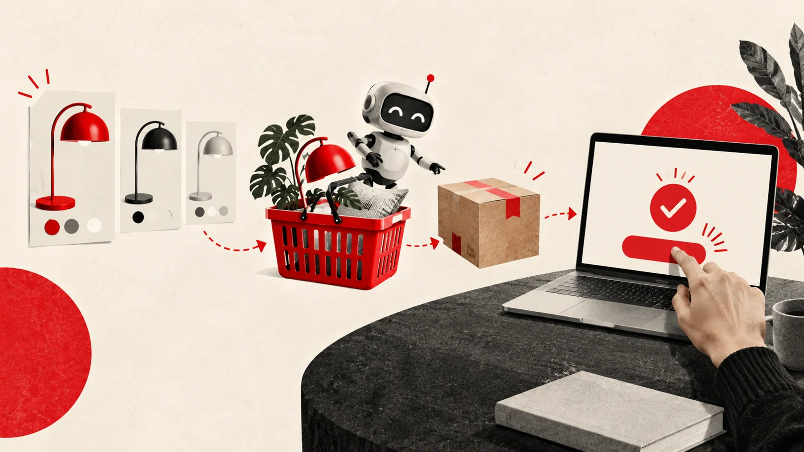 Ilustración de productos, carrito y paquete junto a un asistente de IA y una persona que confirma la compra en un portátil