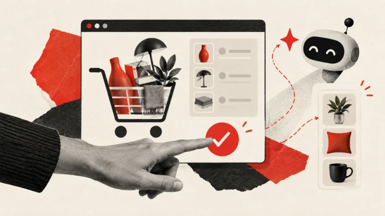 Ilustración de una mano que confirma una compra en una interfaz abstracta de tienda online