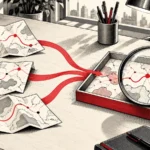 Tres mapas plegados convergen mediante cintas rojas en una bandeja con un mapa que una lupa examina.