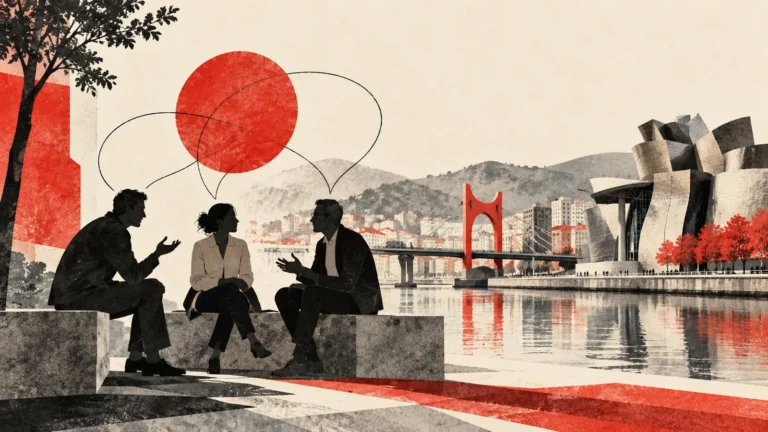Ilustración conceptual de tres personas conversando junto a la ría de Bilbao, con un puente, colinas y arquitectura inspirada en el Guggenheim.