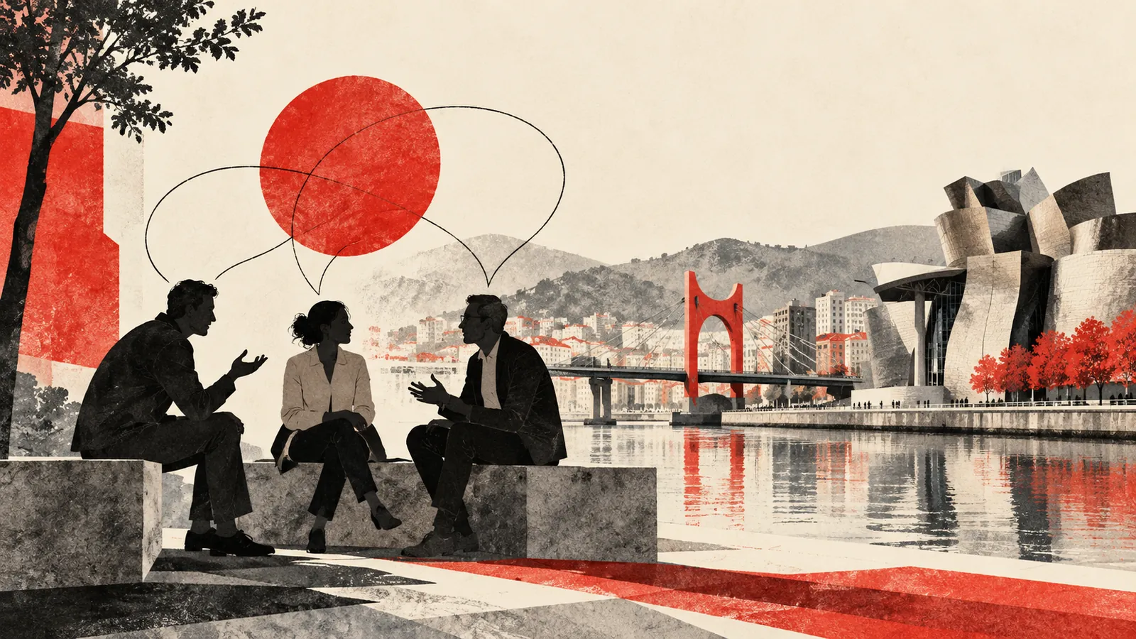 Ilustración conceptual de tres personas conversando junto a la ría de Bilbao, con un puente, colinas y arquitectura inspirada en el Guggenheim.
