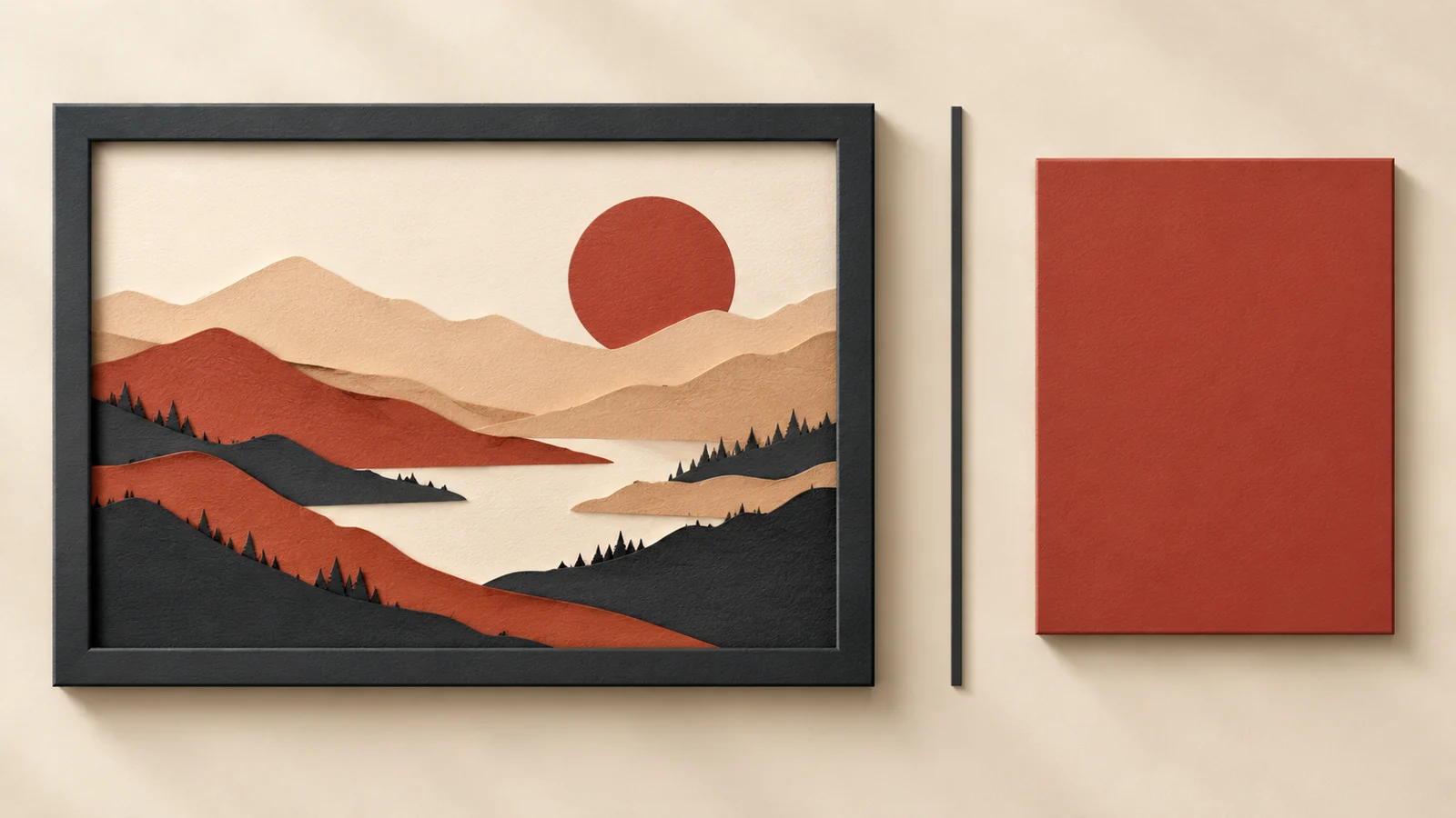 Una imagen de paisaje enmarcada y un panel rojo están separados por un espacio y una línea vertical.