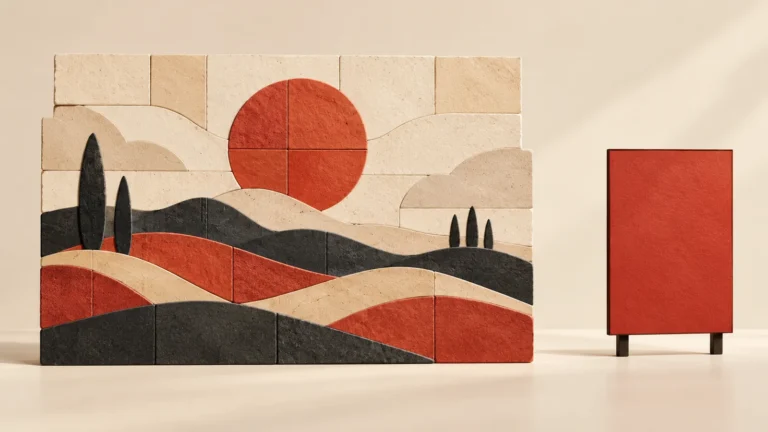 Ilustración conceptual de un paisaje formado por piezas junto a un panel publicitario rojo independiente.