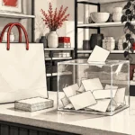 Una bolsa de compra junto a papeletas y una urna transparente, con una participación parcialmente introducida en la ranura.