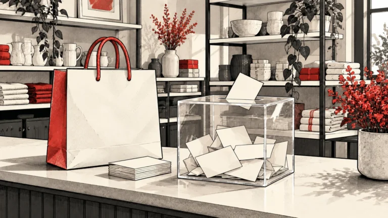 Una bolsa de compra junto a papeletas y una urna transparente, con una participación parcialmente introducida en la ranura.