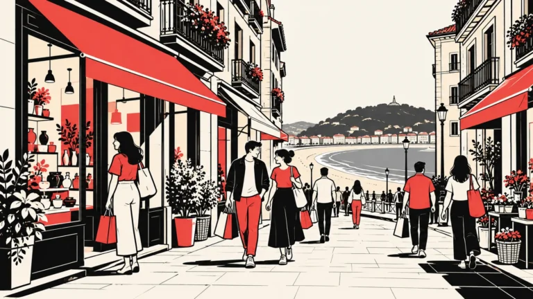 Ilustración de una calle comercial con escaparates, peatones y una bahía al fondo.