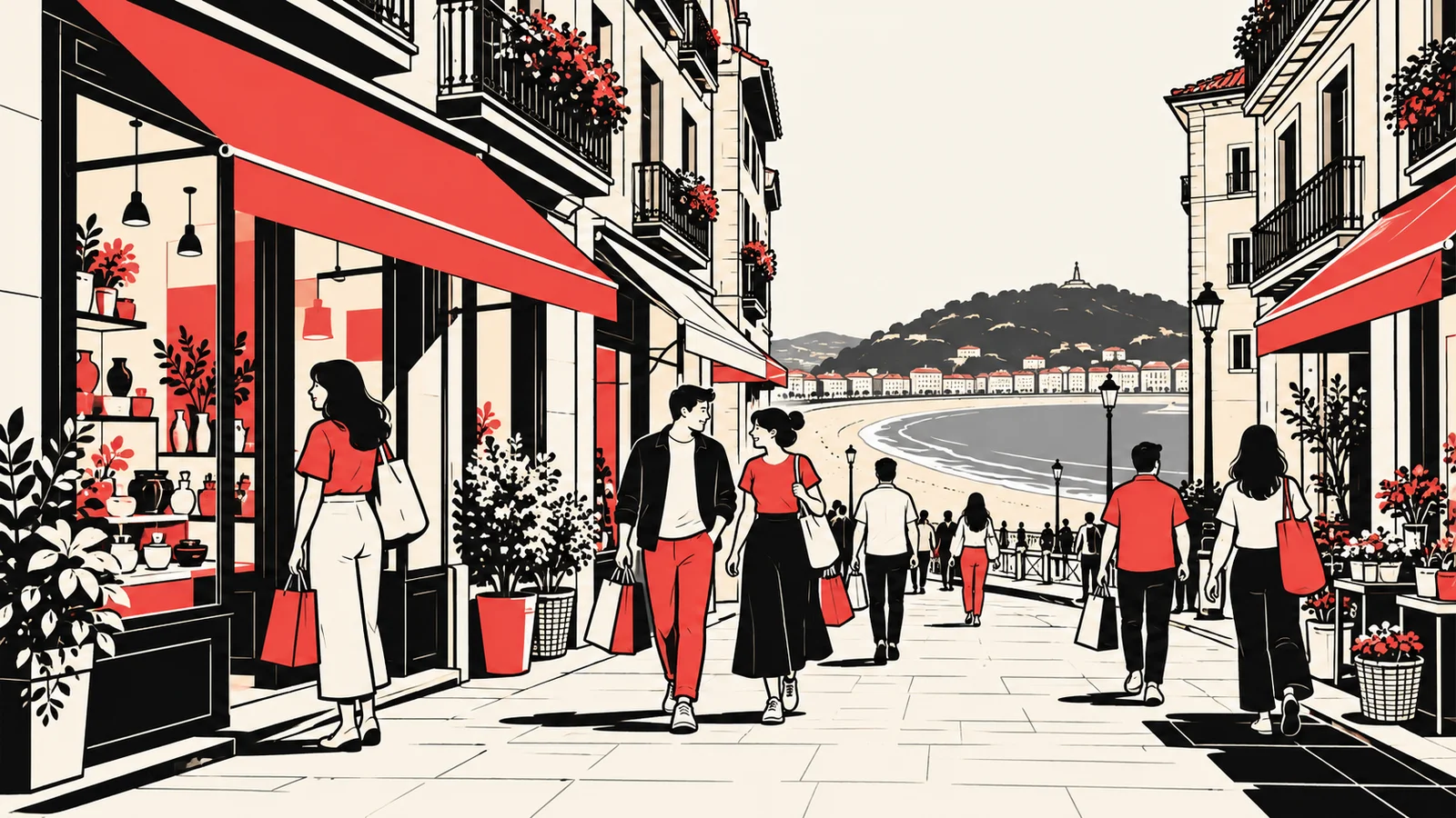Ilustración de una calle comercial con escaparates, peatones y una bahía al fondo.