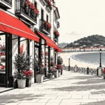 Una calle comercial con toldos rojos, puertas abiertas y escaparates desciende hacia una bahía.