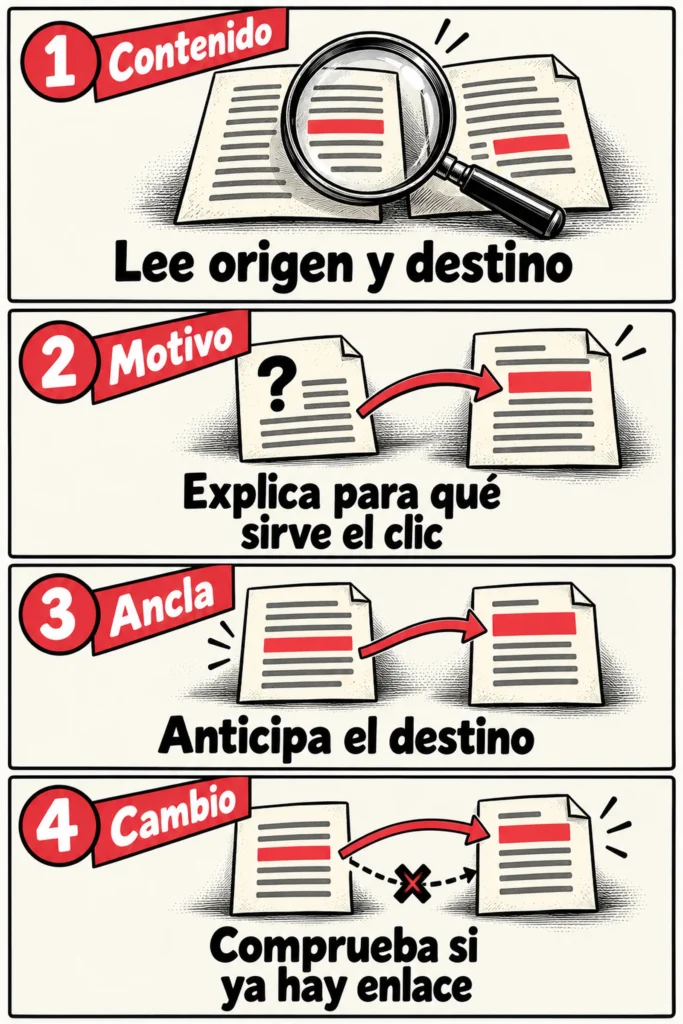 Cuatro comprobaciones para valorar un enlace: leer origen y destino, explicar para qué sirve el clic, anticipar el destino con el ancla y comprobar si ya hay enlace.