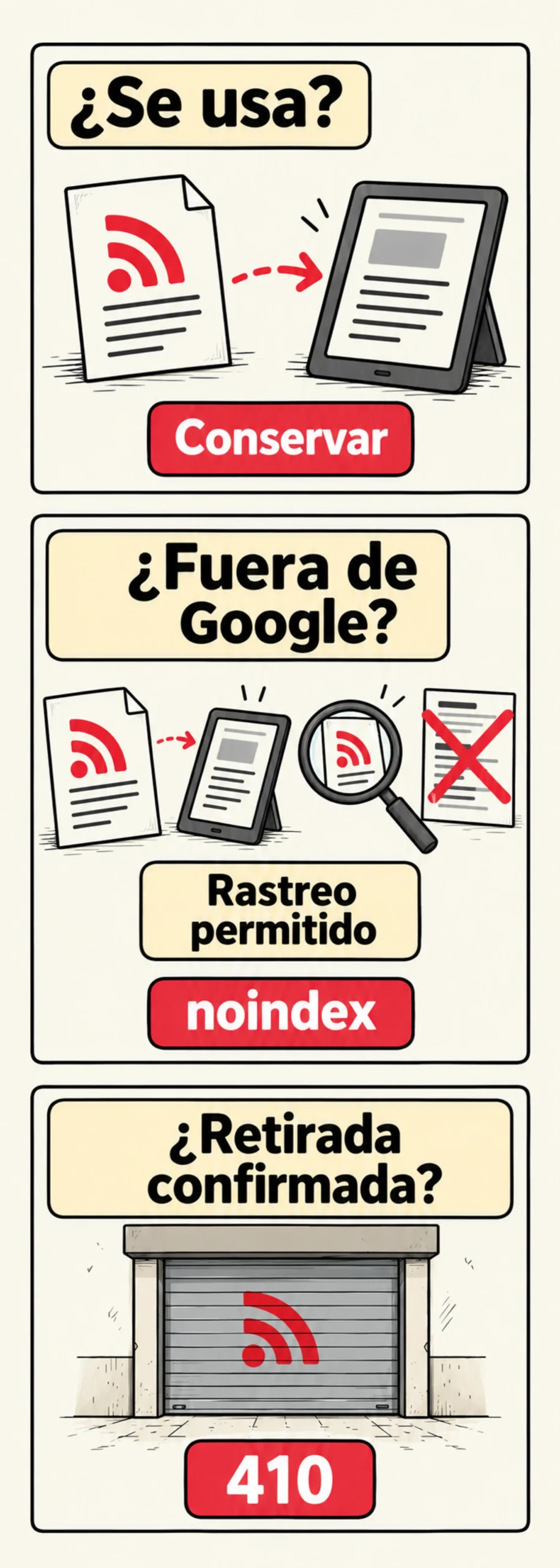 Tres viñetas sobre un feed RSS: conservarlo si se usa; mantenerlo con noindex y rastreo permitido si se quiere excluir de Google; responder 410 cuando la retirada esté confirmada.