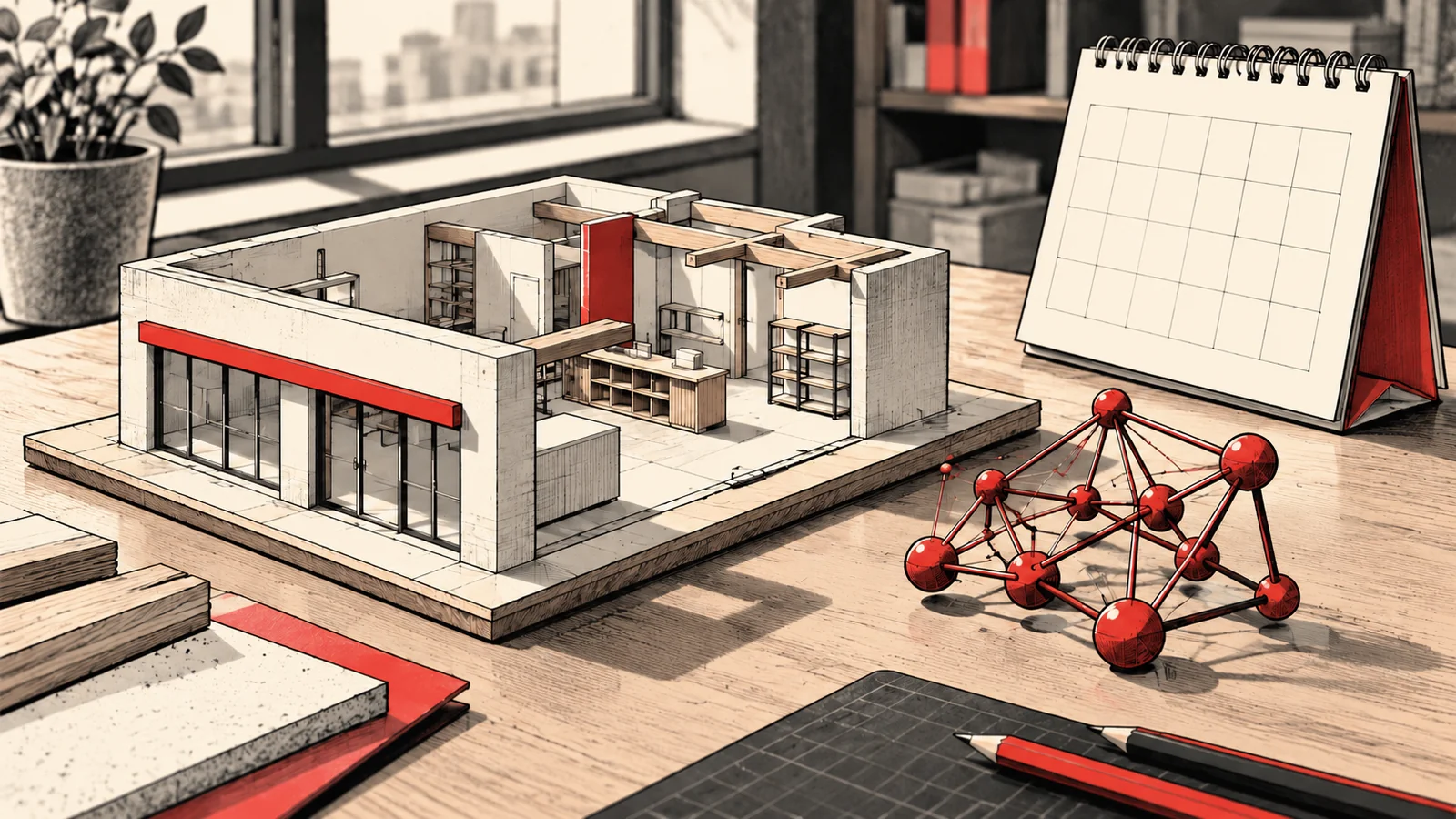 Maqueta de un pequeño local, un calendario en blanco y una estructura de nodos rojos sobre una mesa de proyecto.