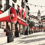 Un megáfono rojo sobre un soporte y folletos junto a una calle comercial decorada con luces y árboles navideños.