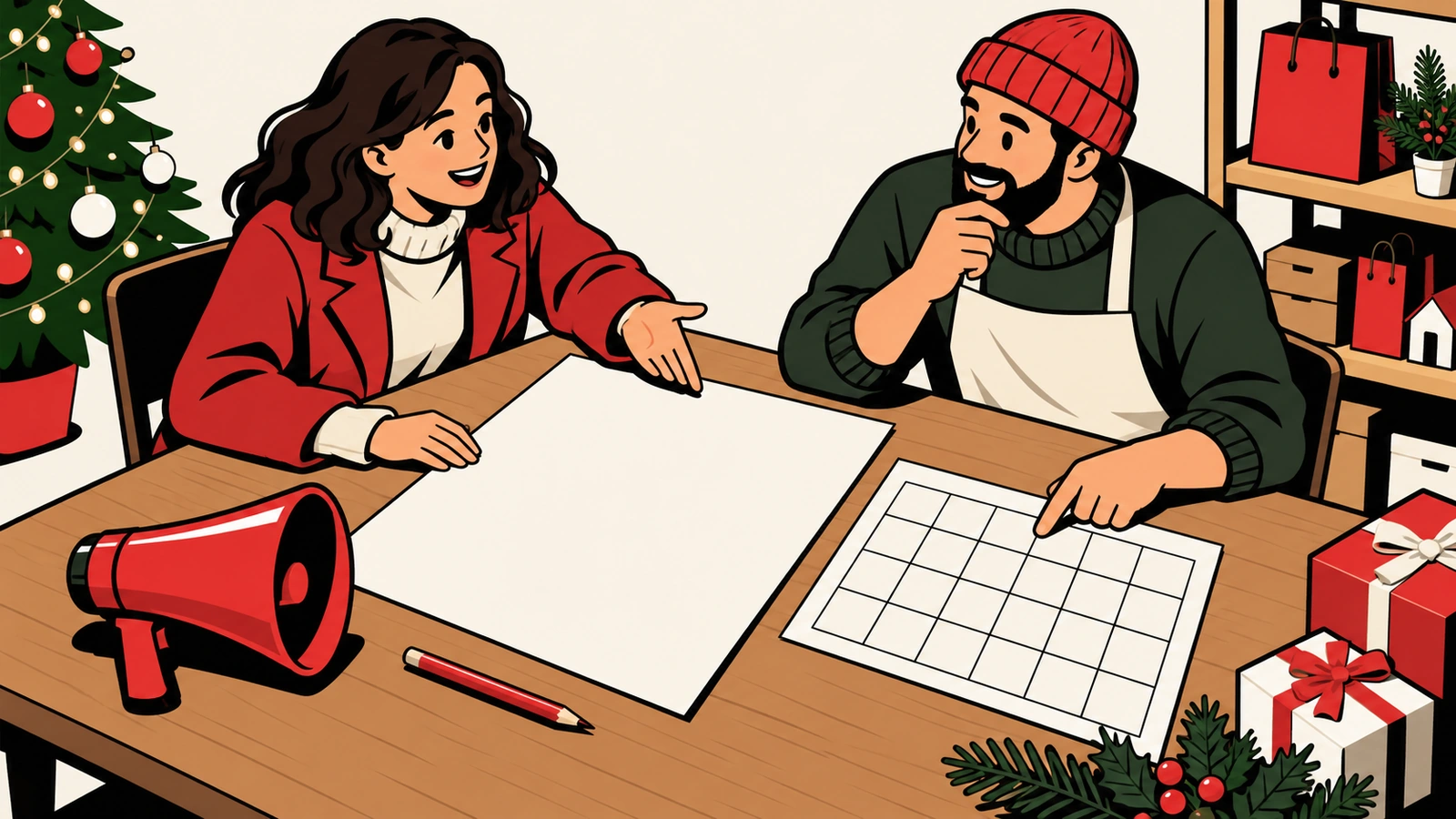 Dos personas ante un cartel vacío y un calendario sin fechas, con decoración navideña.