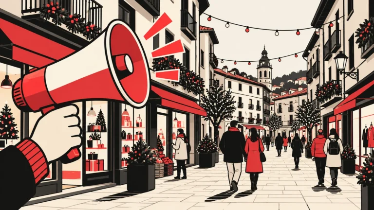 Ilustración de un megáfono rojo ante una calle peatonal con escaparates, luces y decoración navideña.