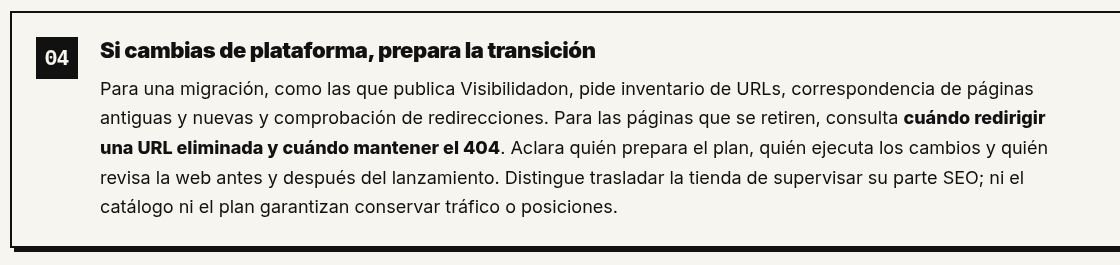 Captura real del apartado de migración del comparador SEO de Girona con el enlace sobre cuándo redirigir una URL eliminada y cuándo mantener el 404.