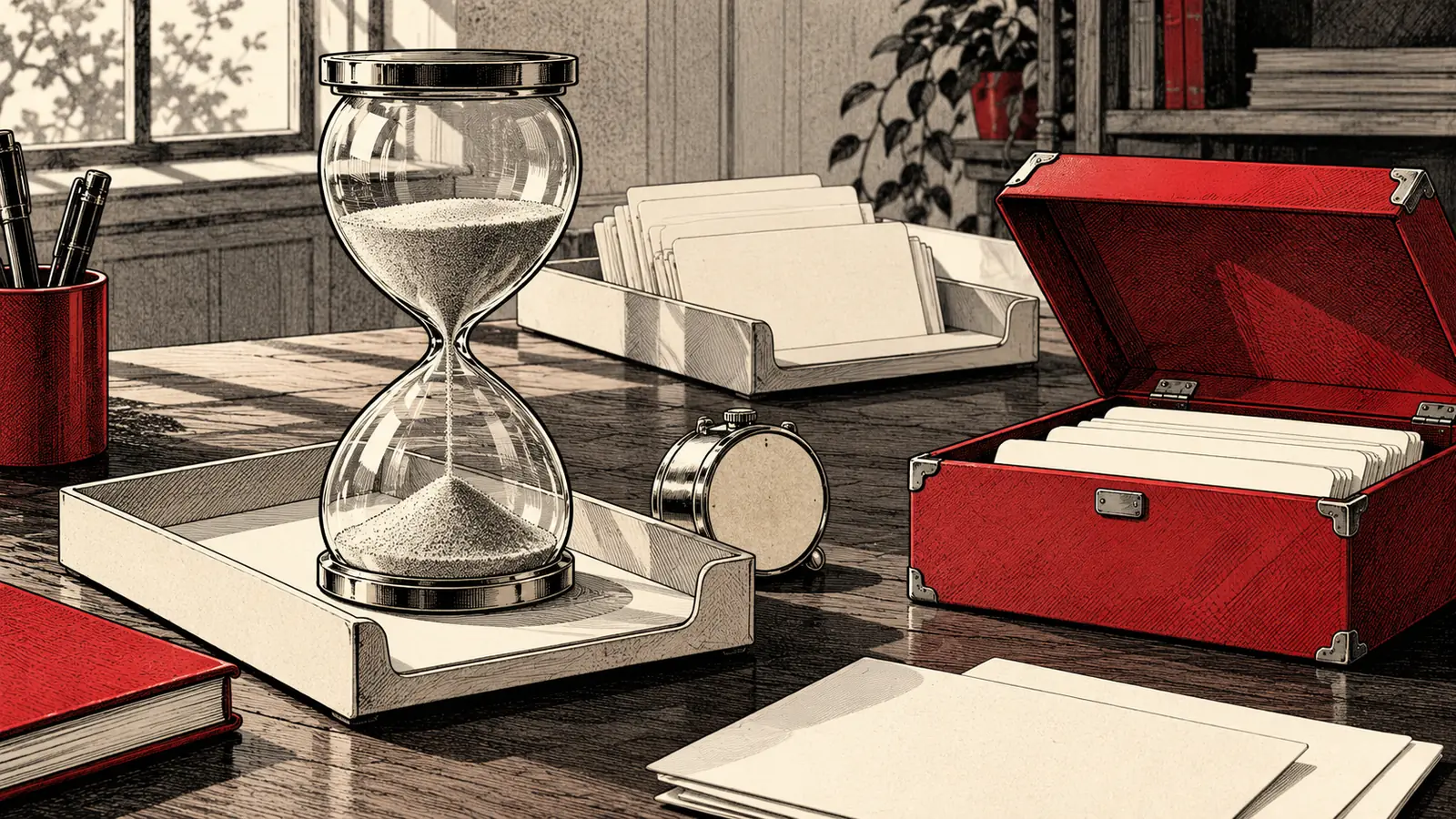 Reloj de arena, bandejas con fichas y un archivador rojo abierto sobre una mesa