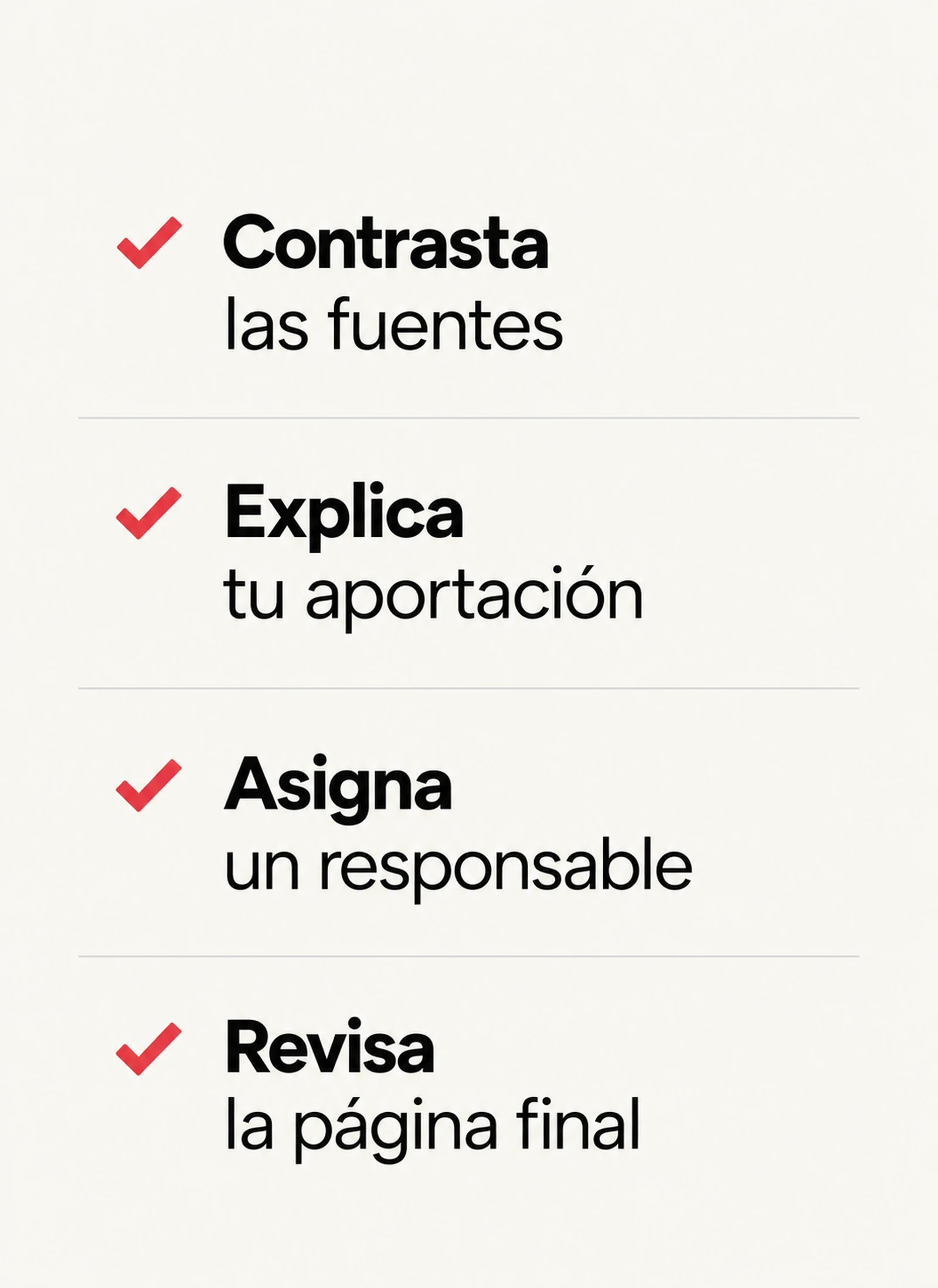 Cuatro comprobaciones antes de publicar: contrasta las fuentes, explica tu aportación, asigna un responsable y revisa la página final.