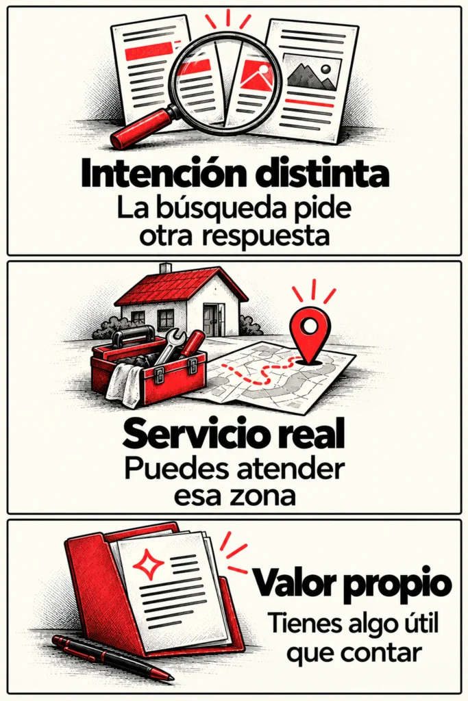 Tres criterios: una intención distinta que pide otra respuesta, servicio real para atender esa zona y valor propio útil que contar.