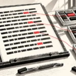Bloques negros y rojos representan palabras en un documento, conectados con alternativas ordenadas en tres bandejas.