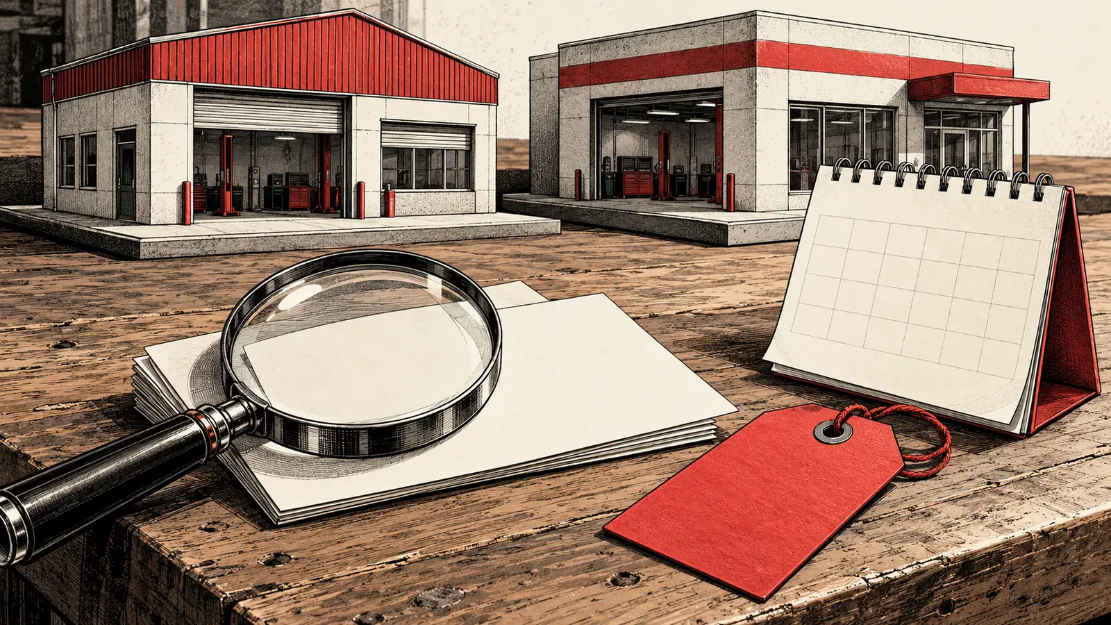 Lupa sobre fichas en blanco, una etiqueta roja y un calendario ante las maquetas de dos talleres.