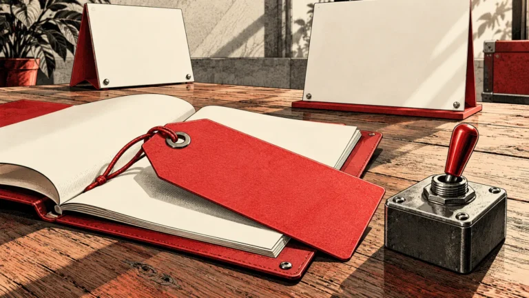 Etiqueta roja sobre un cuaderno abierto, junto a un interruptor físico y dos soportes publicitarios en blanco.