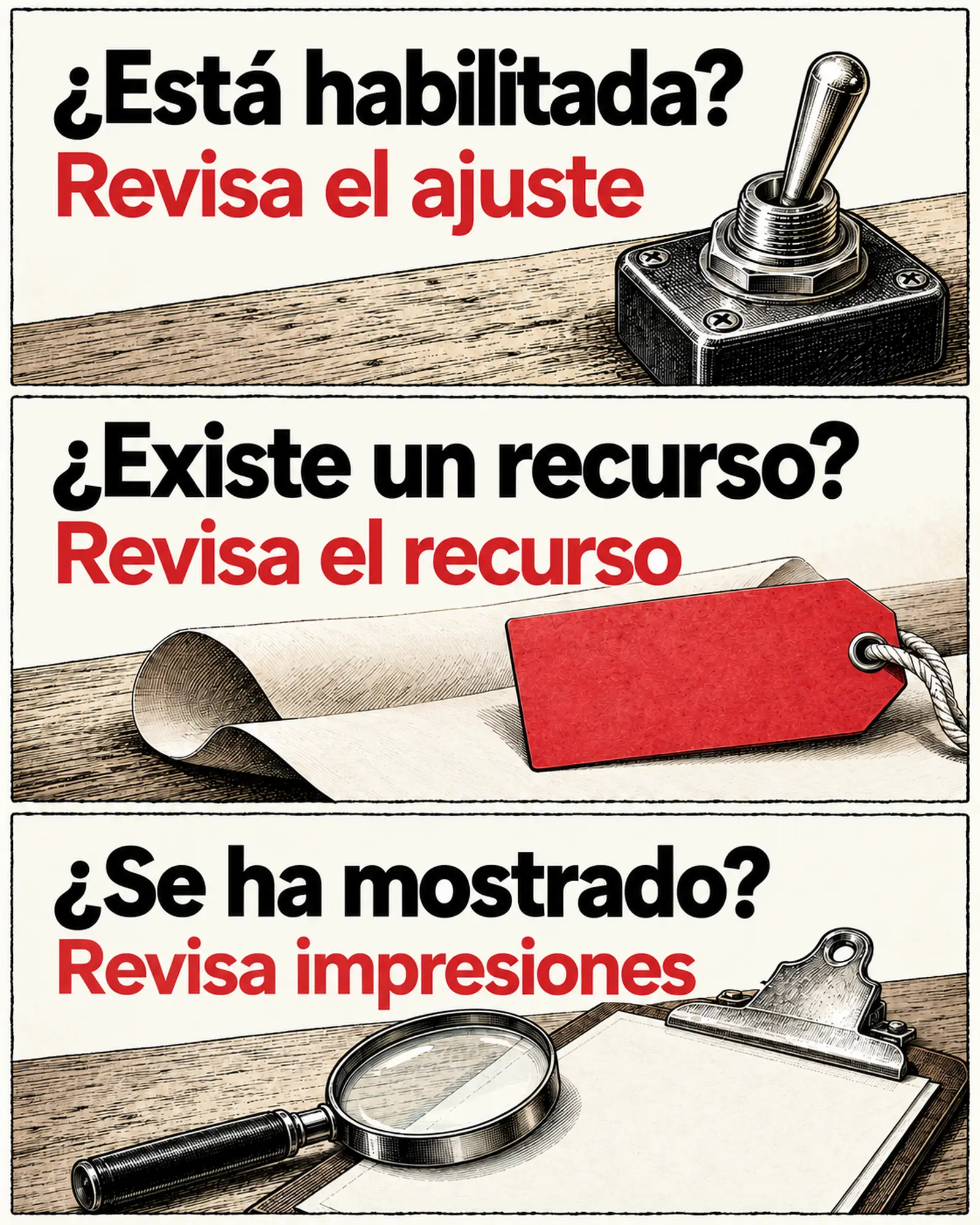Tres comprobaciones independientes: ¿Está habilitada? Revisa el ajuste; ¿Existe un recurso? Revisa el recurso; ¿Se ha mostrado? Revisa impresiones.