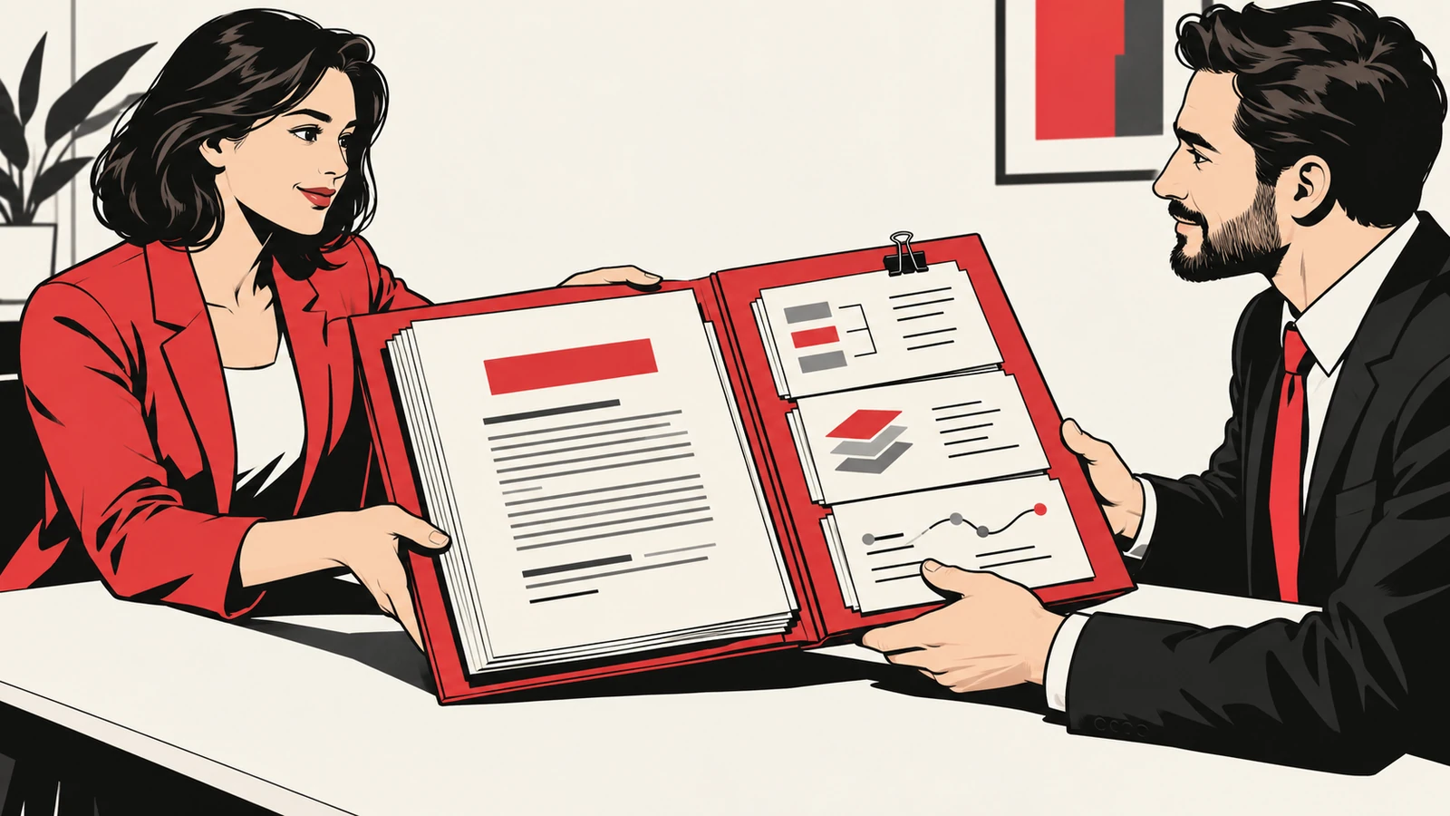 Dos profesionales intercambian un documento con su registro editorial.