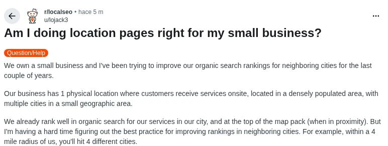 Captura real de la pregunta de lojack3 en r/localseo sobre páginas locales para un negocio con una sede y varias ciudades cercanas.